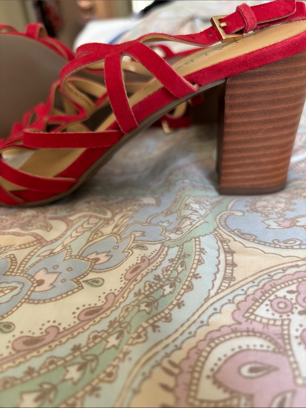 New Red Suede Strappy Block Heel Sandals